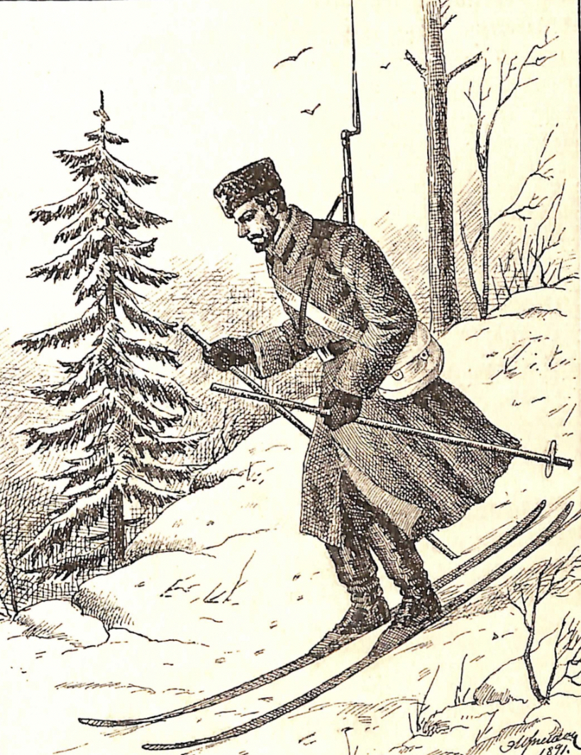 A soldier of the Russian Imperial Army with rifle and attached bayonet slung across his back skis downhill in greatcoat and papakha hat.